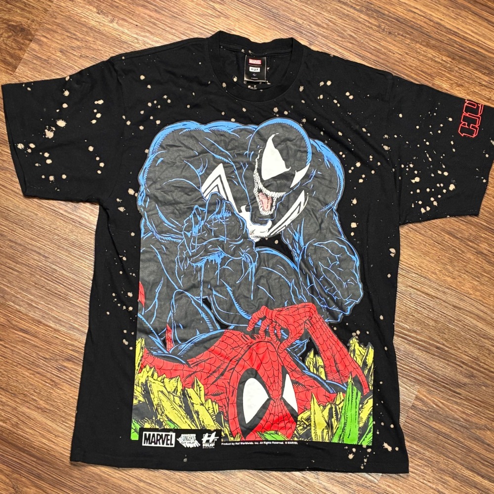 Marvel x HUF Venom Spider-Man AOP Bleach Splatter Graphic T-Shirt Men's L Black